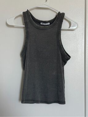 Zara Charcoal Ribbed Tank Top - Sleeveless Crew Neck